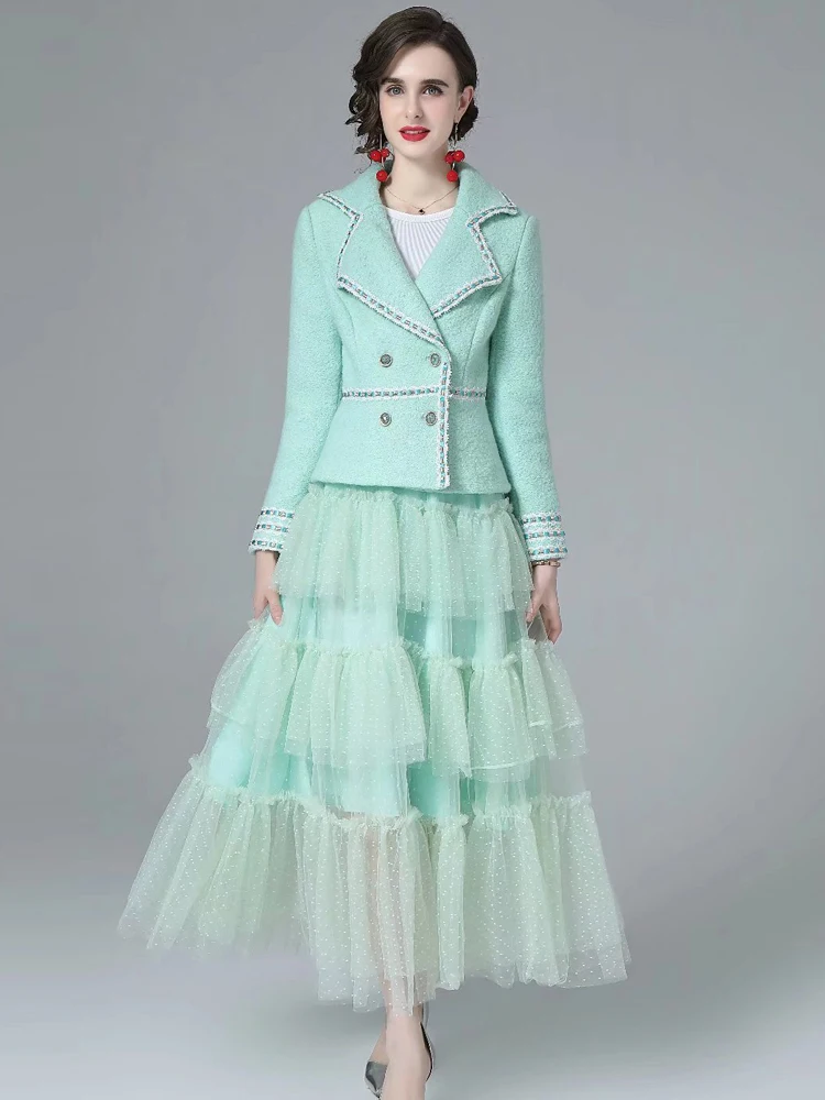 

Runway Autumn Winter New Designer Jacket Tops Ruffled Mesh Skirt Elegant Vintage High Quality Fashion Casual Office Women's Set