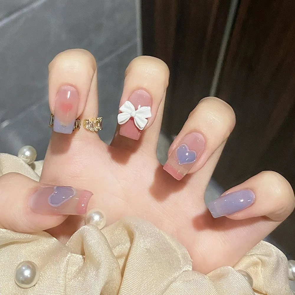 

24Pcs False Nails Short Ballet 3D Three-dimensional Bow Girl Cute Fake Nail Tips Full Cover Acrylic For Girls Fingernails
