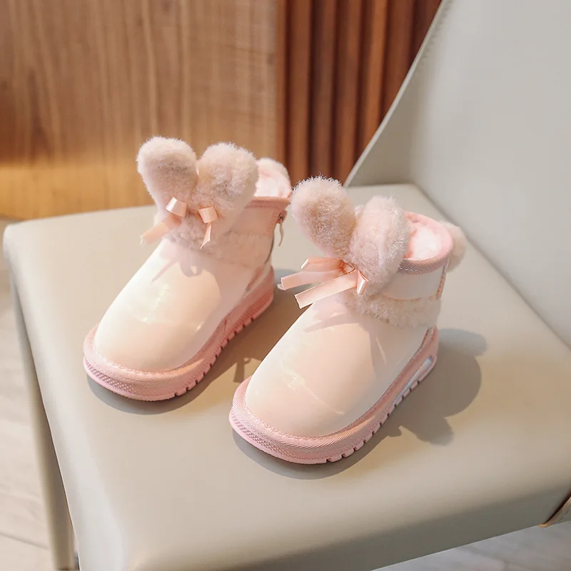 Girls' Snow Boots Warm Rabbit Ears Fashionable Princess Plush Boots Children's Antiskid Warm Fur Children's Flat Boots