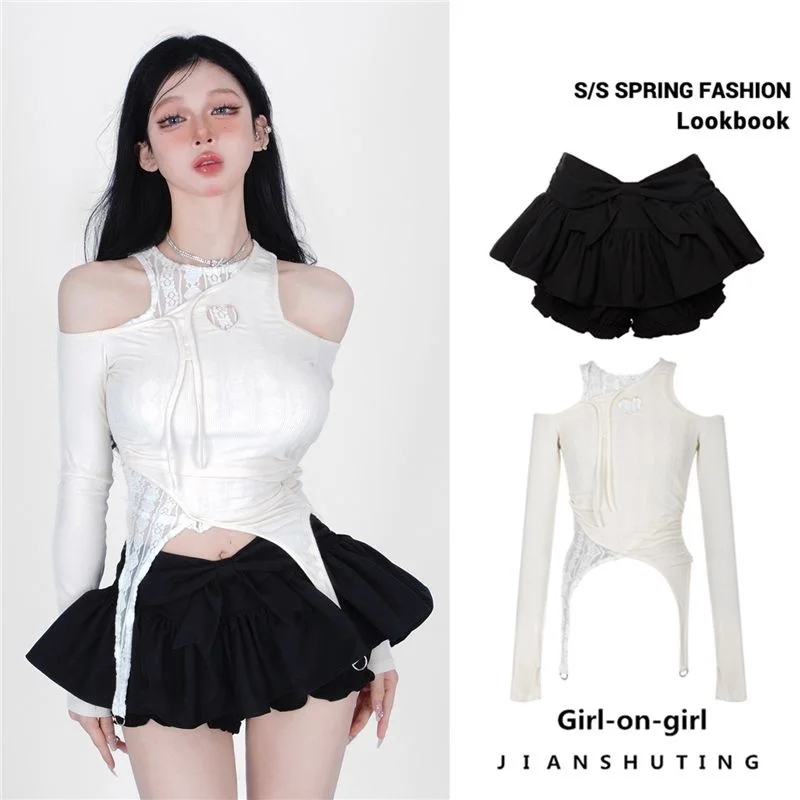 2023 Summer Off Shoulder White Crop Top Women's Black Mini Pleated Skirt Cute Two 2 Piece Outfits For Shorts Set Women Shirts images - 6