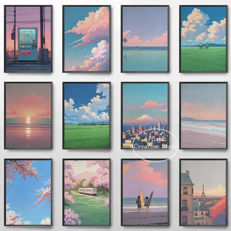 Аниме закат искусство аниме плакат печать ретро пляж Минималистичная стена на