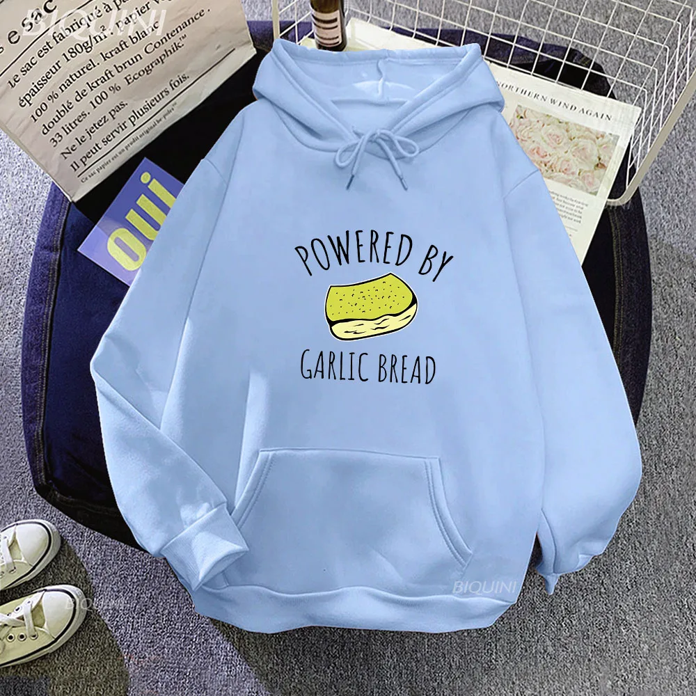 

Powered By Garlic Bread Women's Hoodies Cute Long Sleeve Keep Warm Hoodies Female New Winter Casual Sportwear Lady Clothes Male