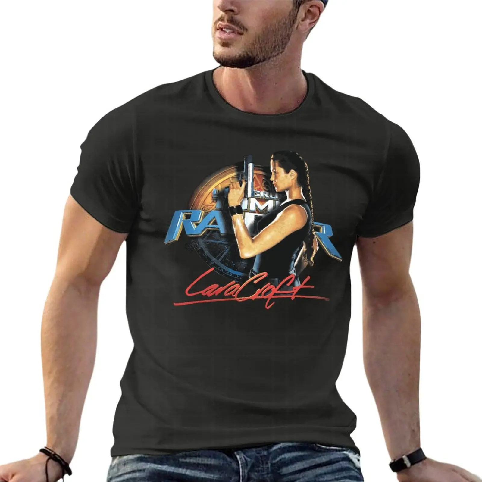 

Tomb Raider Lara Croft Holding Gun Oversize T-Shirts For Men Clothes 100% Cotton Streetwear Plus Size Top Tee