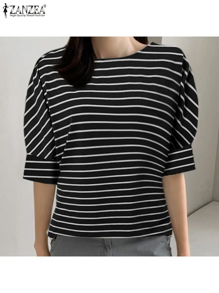 

Женские летние блузки большого размера ZANZEA 2022, стильные полосатые топы, повседневные рубашки с рукавом до локтя, женская блузка с круглым вы...
