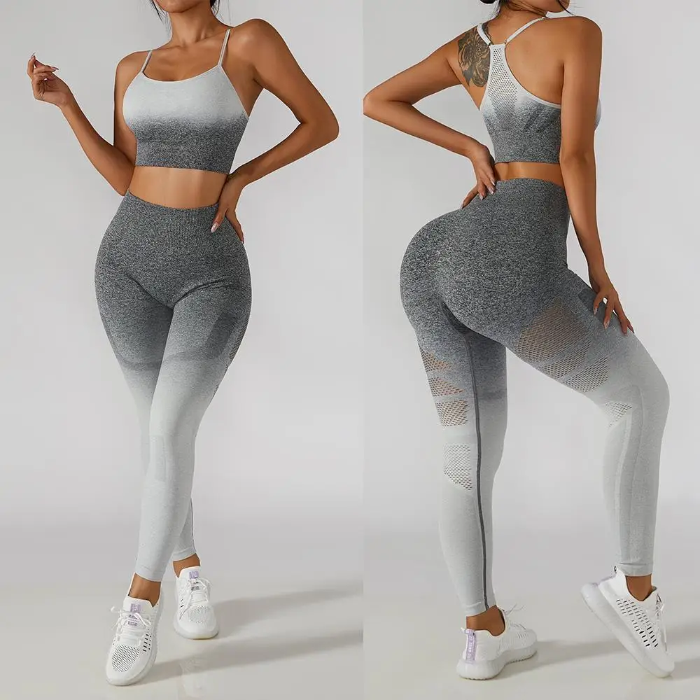 Women's Sportswear Gradient Seamless Yoga Set Workout Sport Set Fitness Clothing Women Gym Clothing High Waist Leggings Crop Top