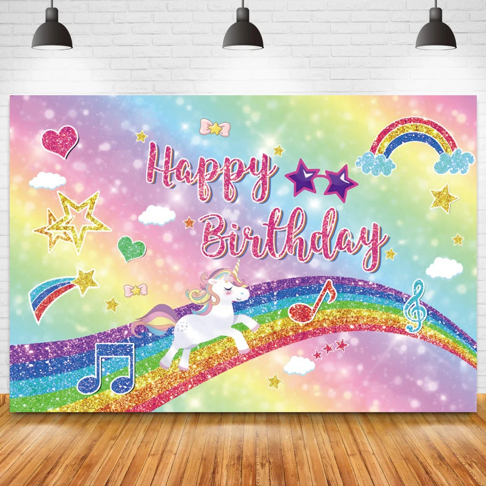 

Glitter Sparkly Rainbow Happy Birthday Photo Background Bling Bling Stars Light Bokeh Baby Shower Cake Smash Party Backdrops