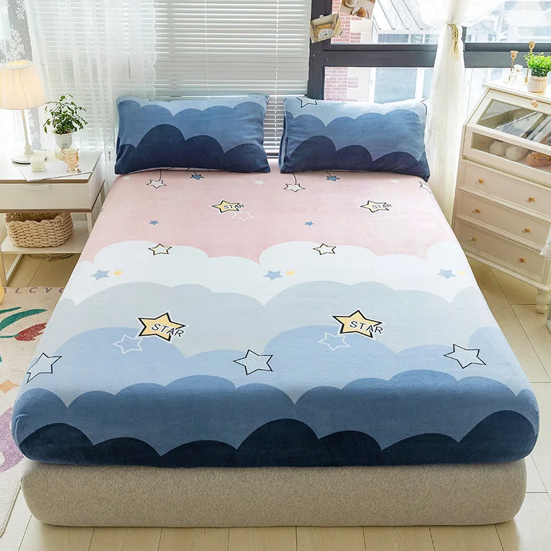 

Autumn Winter Flannel Mattress Protector Cover Polyester Bedspread Thicken 1Pc Fitted Single Double Bed Sheet Home Full Size Set