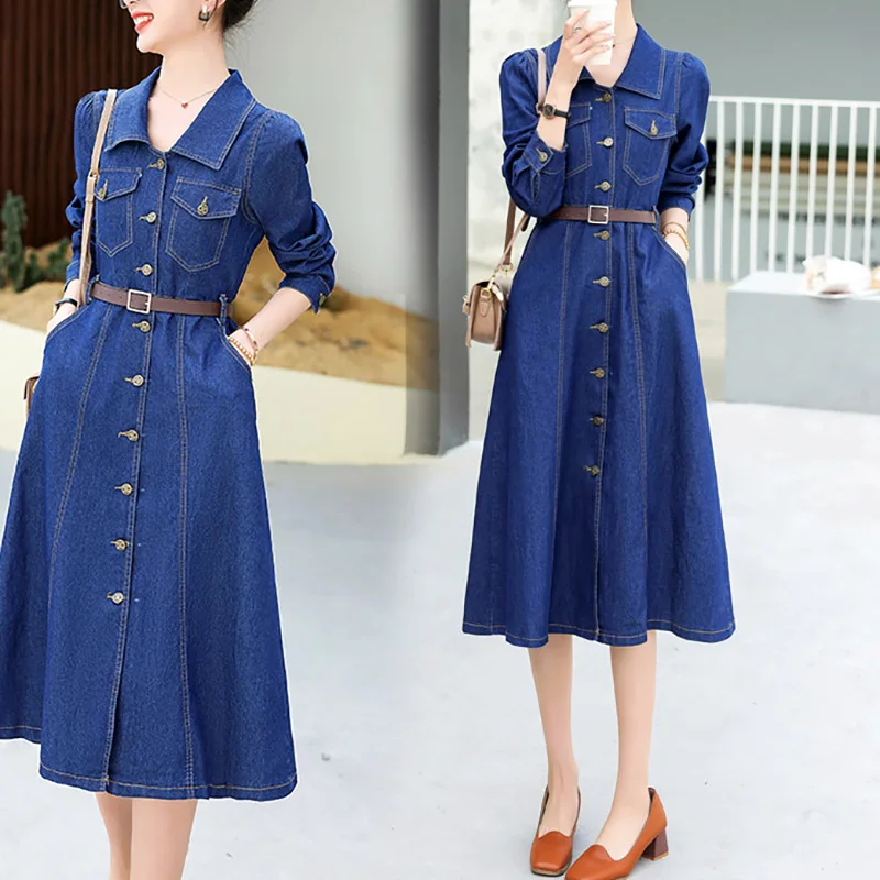 

Long Sleeve Lapel Denim Dress Women's New Fashion Pocket Vintage Blue Single Breasted High Waisted Dresses 2023 Summer Autumn