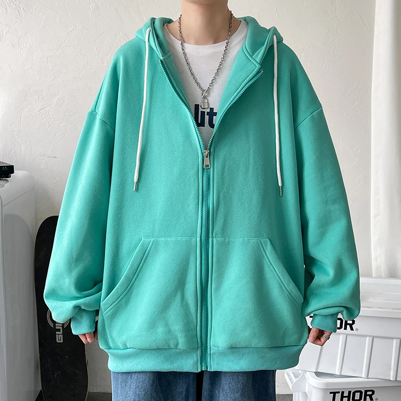 

Men Solid 7 Colors Harajuku Hooded Zip-up Hoodies 2023 Mens Korean Fashion Oversized Sweatshirts Male Vintage Causal Cardigan