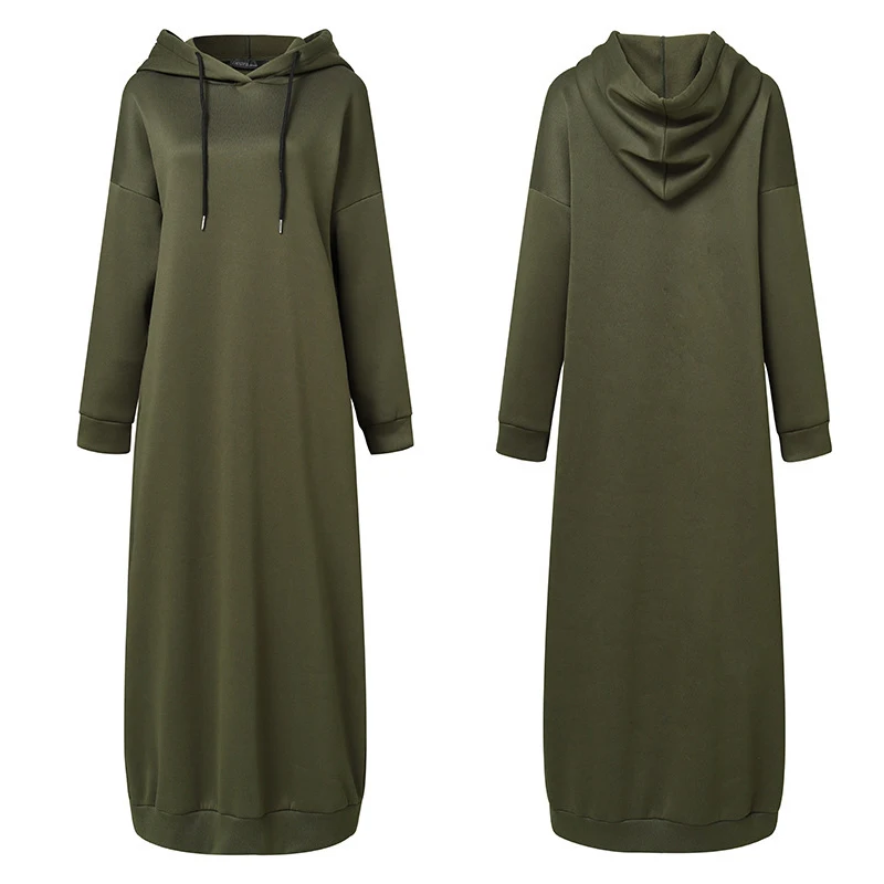Muslim Long Sleeve Hoodie Solid Color Casual Loose Pocket Maxi Dress Female Fashion Long Sweatshirt Vestidos Robe
