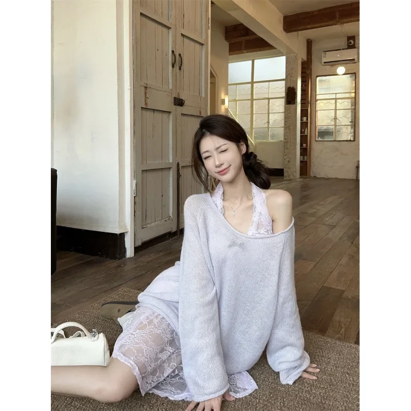 2024 Pure Desire кружевное сетчатое платье с бретелькой на шее и длинными рукавами