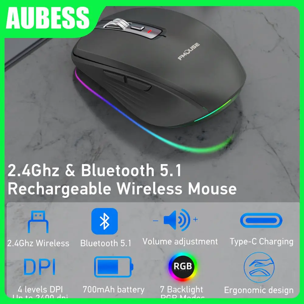 

700mah Rgb Mouse Rechargeable Adjustable Dual Mode Mouse Portable Mute Office Accessories 6 Keys 5.01