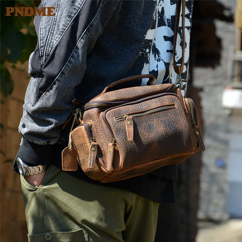 PNDME vintage crazy horse cowhide men's daily crossbody bags outdoor casual  luxury genuine leather shoulder bag small handbag