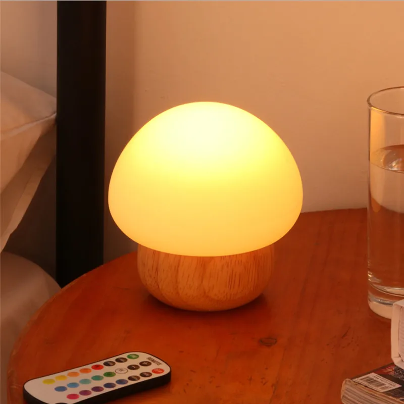 

Mushroom Lamp with Remote Control for Child Silicone Sleeping Night Lights Decorate room Wooden Base USB 16 Colors Touch Sensor
