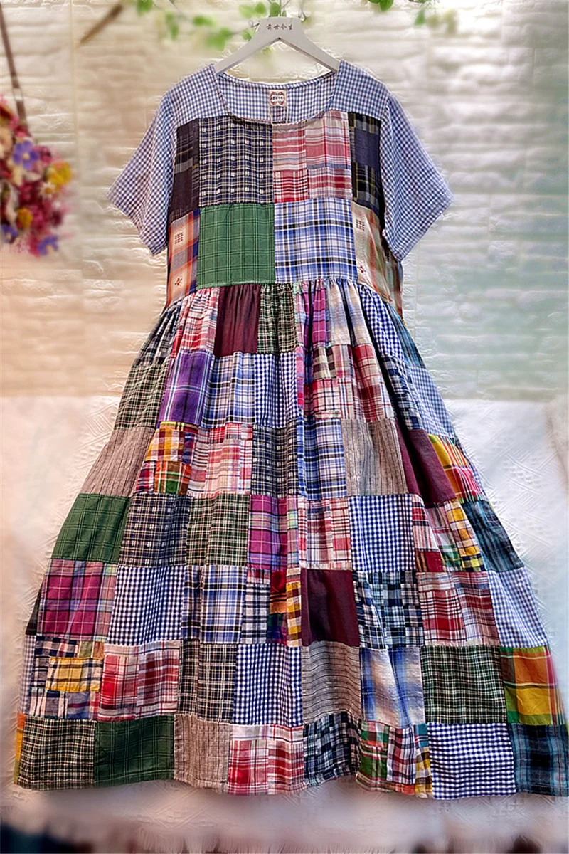 

100% Cotton Linen Female Casual Plaid Patchwork Loose Waist Midi Dress Women Summer Bohemian Boho Gypsy Hippie Big Size Dress