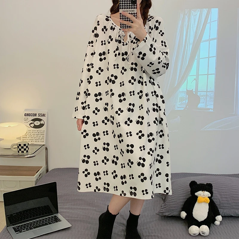 CAIYIER 3XL Winter Koren Blue Stripe Nightdress Long Sleeve Simple Sleepdress Female Loose Nightgowns Girls Soft Bathrobe Pajama