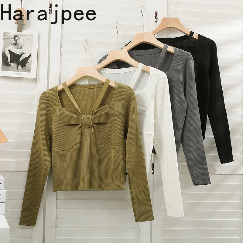 

Harajpee V Neck Bowknot Knitted Pullover French Style Solid Elegant Bottoming Shirts Slim Women Tops Spring New All Match 2022