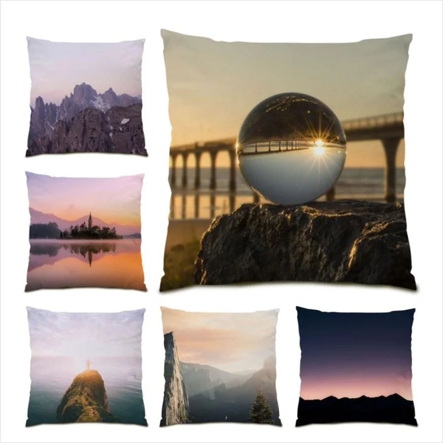 

Mountain River Print Cushion Cover 45x45 Decoration Home Natural Valley Pillow Covers Living Room Landscape Pattern Bed E0798
