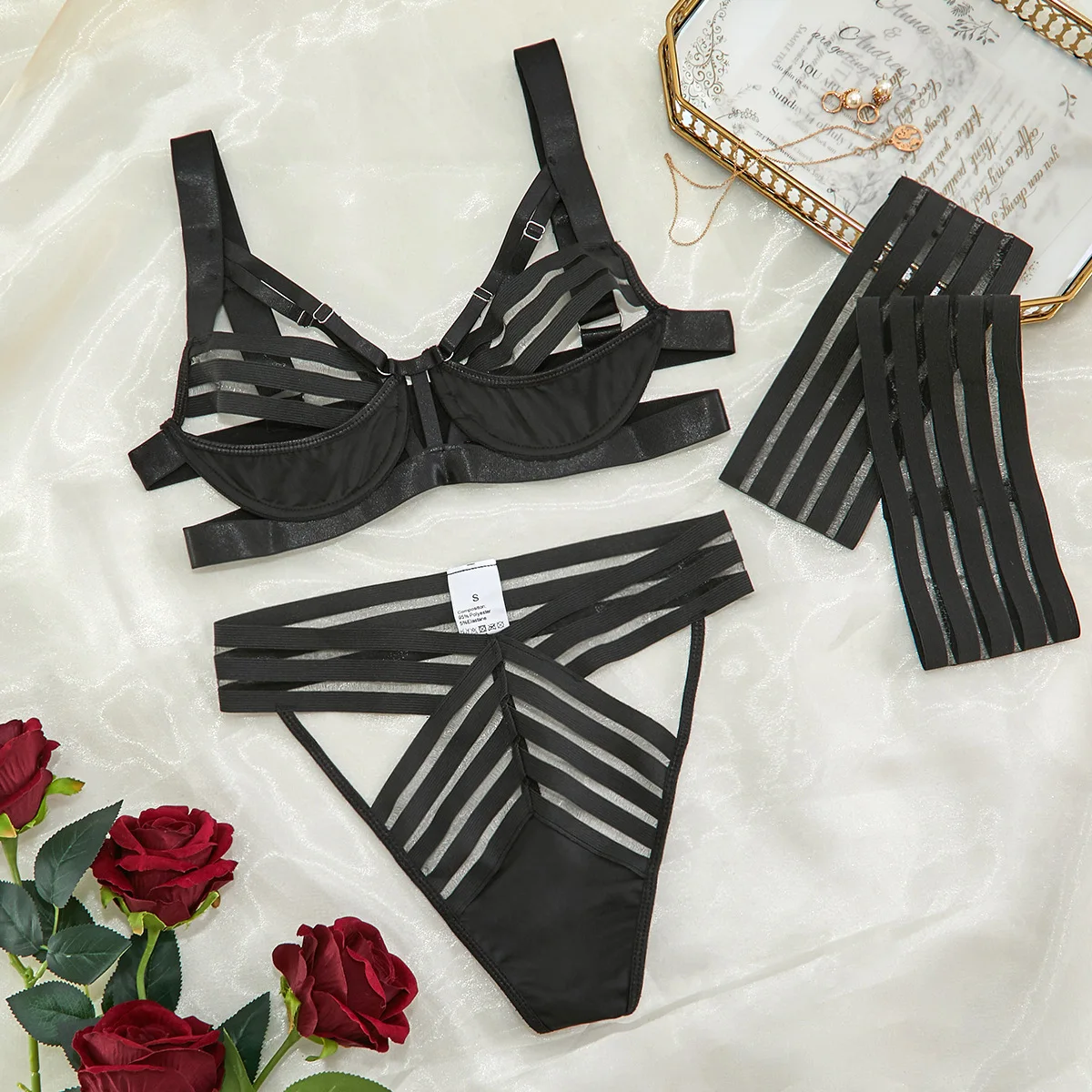 MIRABELLE Sexy Lingerie Cut Out Bra Set 3-Piece Women's Underwear Black Exotic Costumes Transparent Bandage Porn Erotic Lingerie
