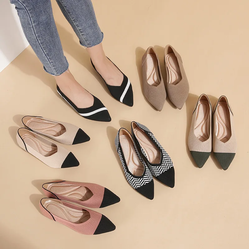 Балетки женские на плоской подошве дышащие вязаные заостренные Мокасины мягкие
