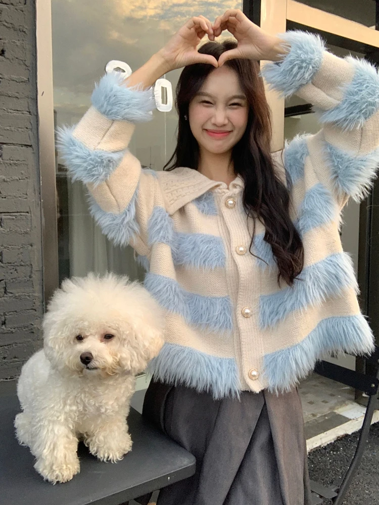 Женский винтажный свитер в полоску элегантный однобортный трикотажный