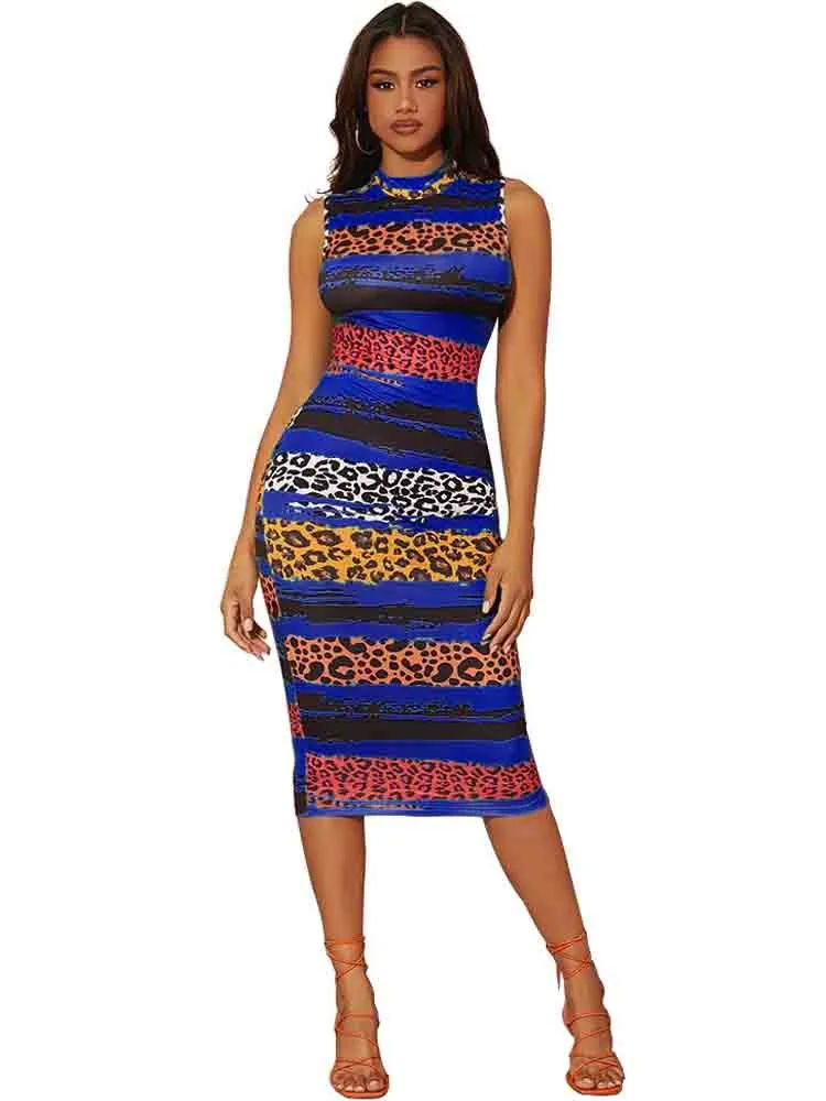

Szkzk summer dress women 2022 Streetwear Back waist cutout Sleeveless O Neck tie dye leopard print Sexy Bodycon Dresses