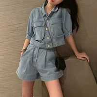 2021 spring new style street fashion denim double pocket jacket coat and jeans shorts sweet streetwear women two piece suit set