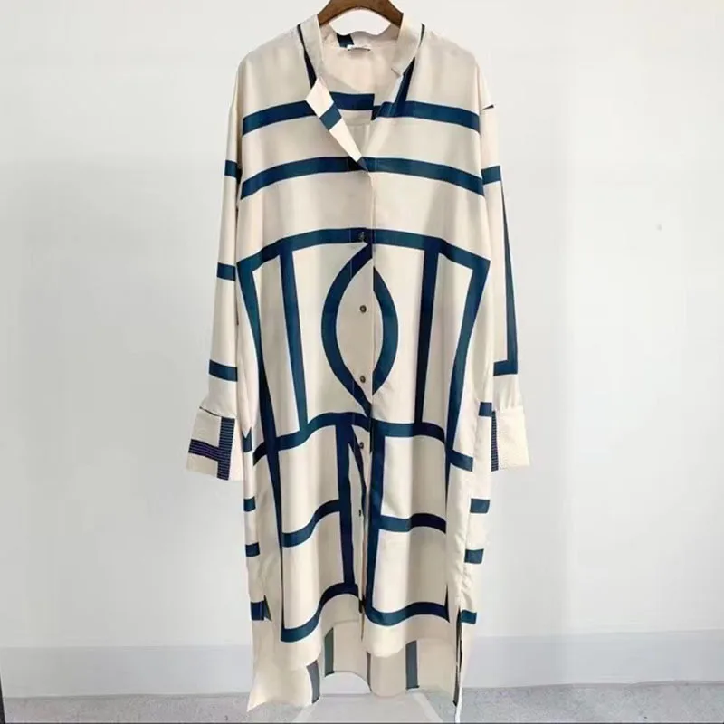 

22 Spring Summer Silk Dress Women Geometric Print Long Sleeve Maxi Shirt Dress Fashion Casual Elegant Loose Stripe Party Dresses