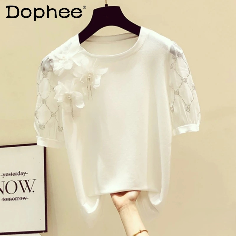 

2022 Summer New Design T-Shirts Womens Short Sleeve Rhinestone Three-Dimensional Flower Decoration Slim Round Neck Solid Color T