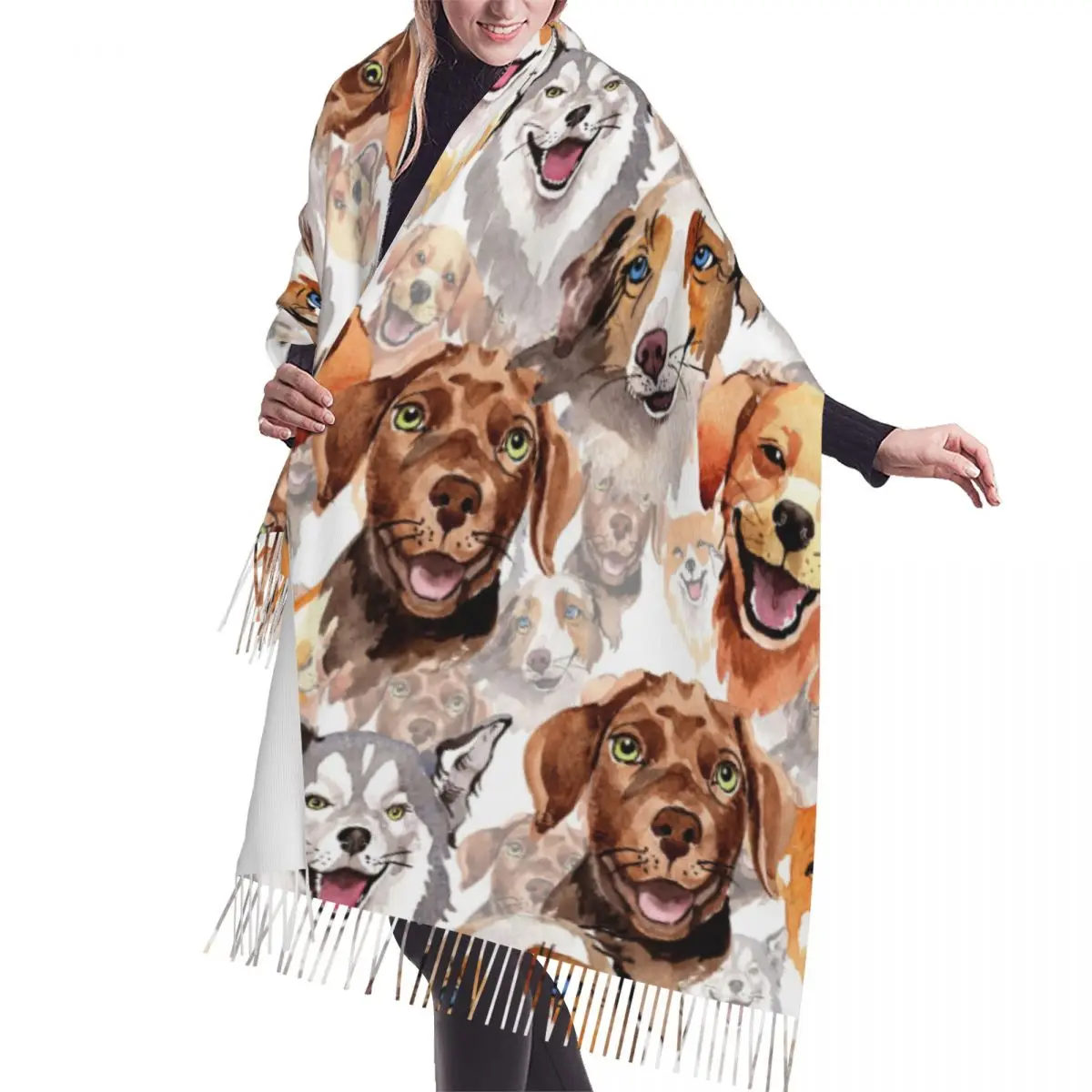 

Зимний шарф с кисточками для собак, женские кашемировые шарфы с акварельным узором в виде диких животных, теплая шаль из пашмины для шеи, Женская шаль, бандана