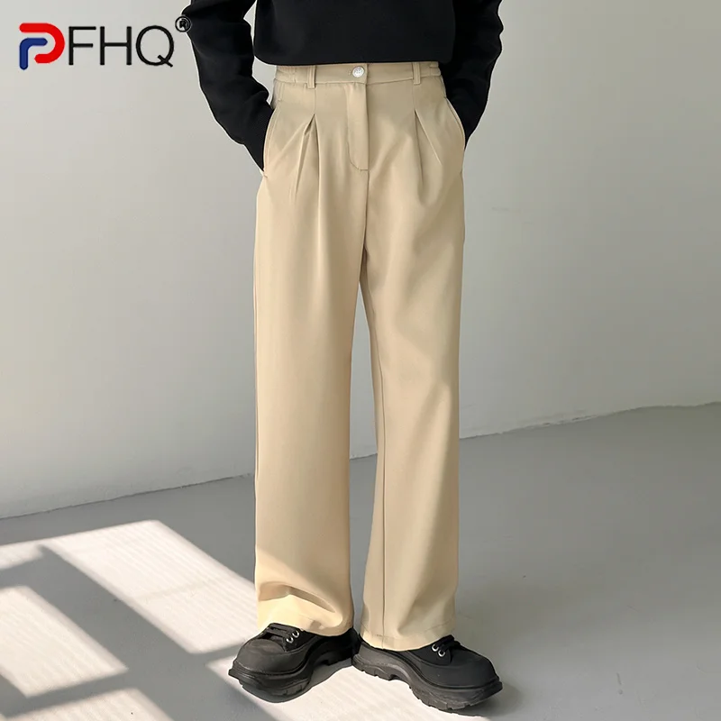 

Модные Повседневные Костюмные брюки PFHQ с эластичным поясом, мужские весенние прямые высококачественные элегантные брюки, стильные свободные широкие штаны, новинка 2023