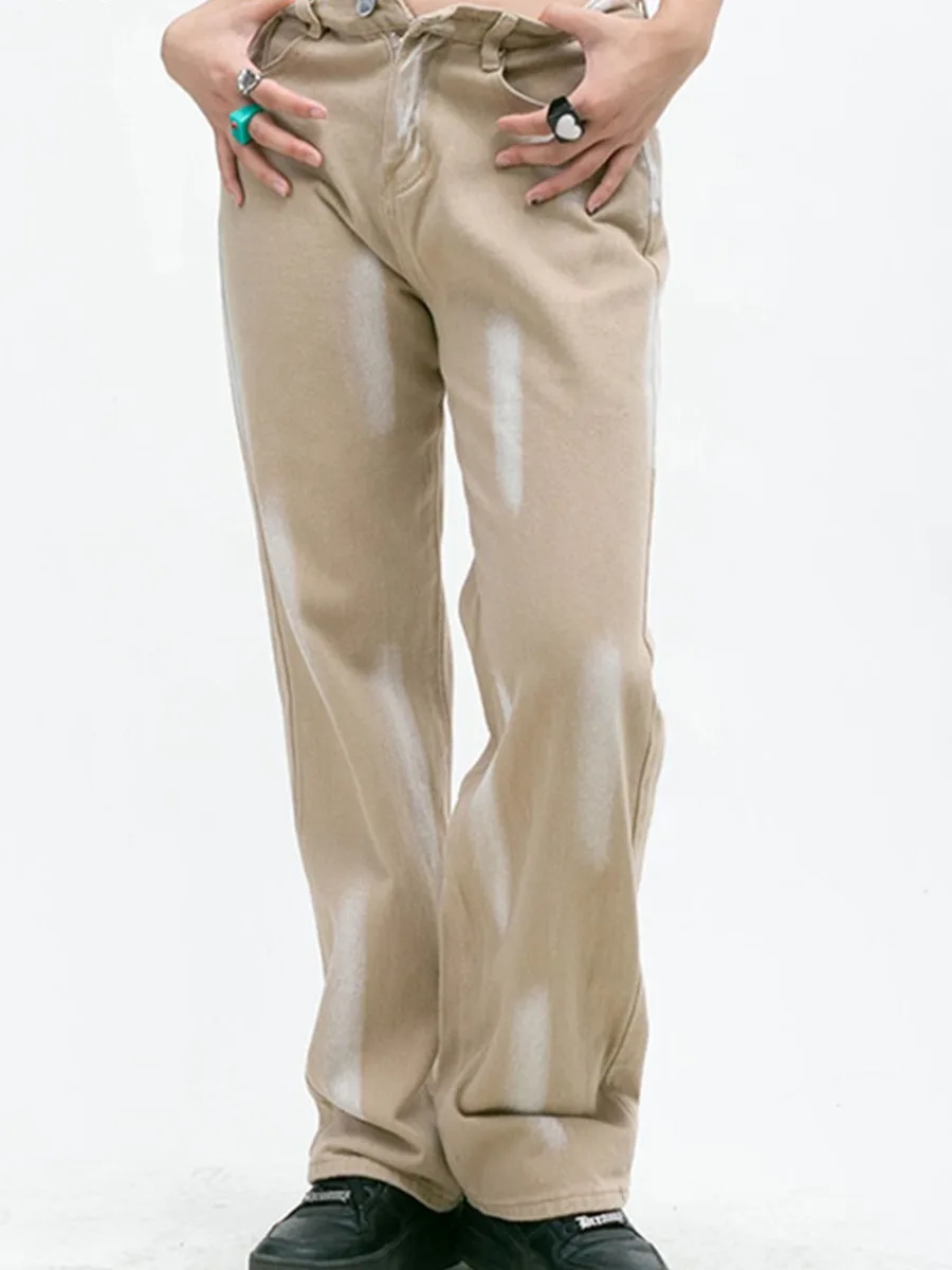 

Khaki Tie Dye Straight Jeans Woman American Retro Autumn 2022 Y2k All-match Distressed Washed Denim Trousers Mom Jeans