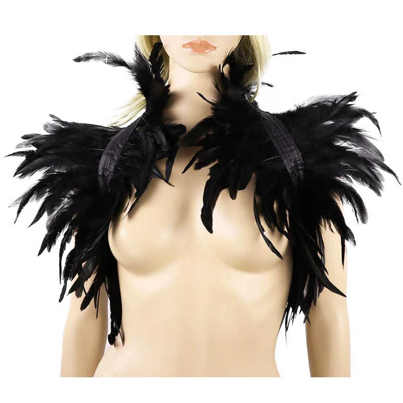 Chal de plumas naturales negras para envolver hombros, capa gótica para fiesta de Cosplay, arnés de cuerpo, cinturón de sujetador, cuello falso de plumas