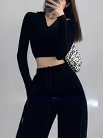 houzhou sexy bodycon long sleeve tshirt women black v neck fashion streetwear casual high street tee solid 2022 summer female