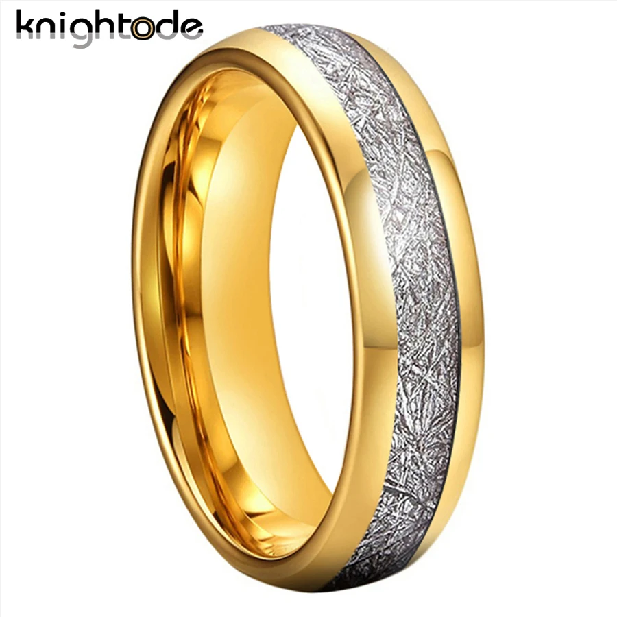 

6mm Gold Color/Silvery Tungsten Carbide Rings White Meteorite Inlay Fashion Wedding Band Engagement Jewelry Dome Polished Finish