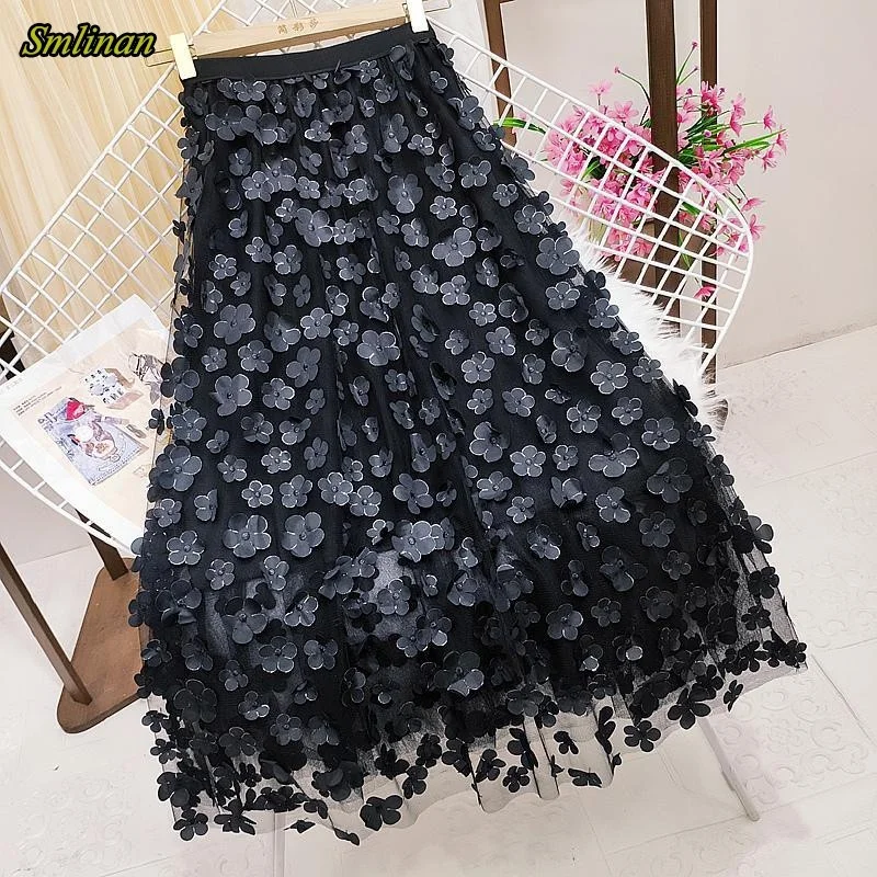 

Smlinan Summer Mesh Pleated A Lien Long Skirt Women Fashion Elastic High Waist Casual Tulle Skirt Female Harajuku White Skirt