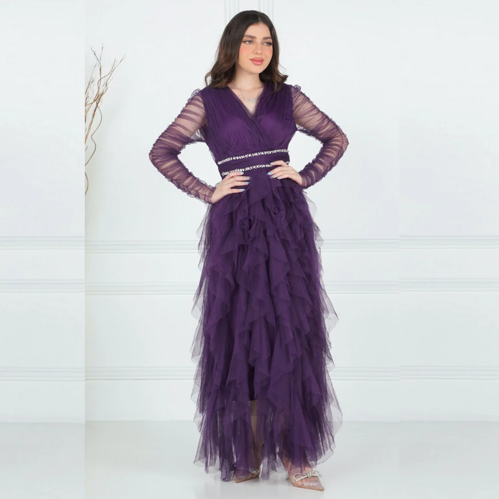 

2023 The Latest V-neck A Version of Ruffled Crystal Embroidery Simple Formal Ball Evening Gown