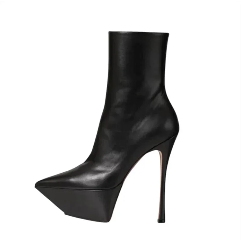 2023 New Brand Patent Leather Women's Ankle Boots Platform Thin Heels Pointed Toe Sexy Female Booties Zip Fashion Women Shoes