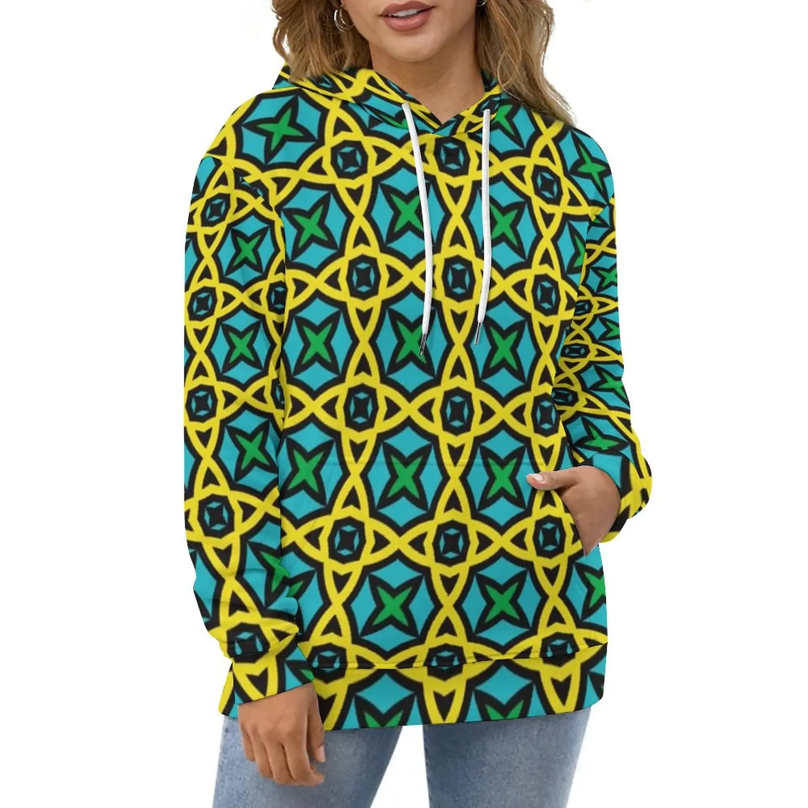 

Colorful Geo Print Hoodies Long Sleeve Abstract Circles Casual Hoodie Winter Street Oversized Custom Loose Hooded Sweatshirts