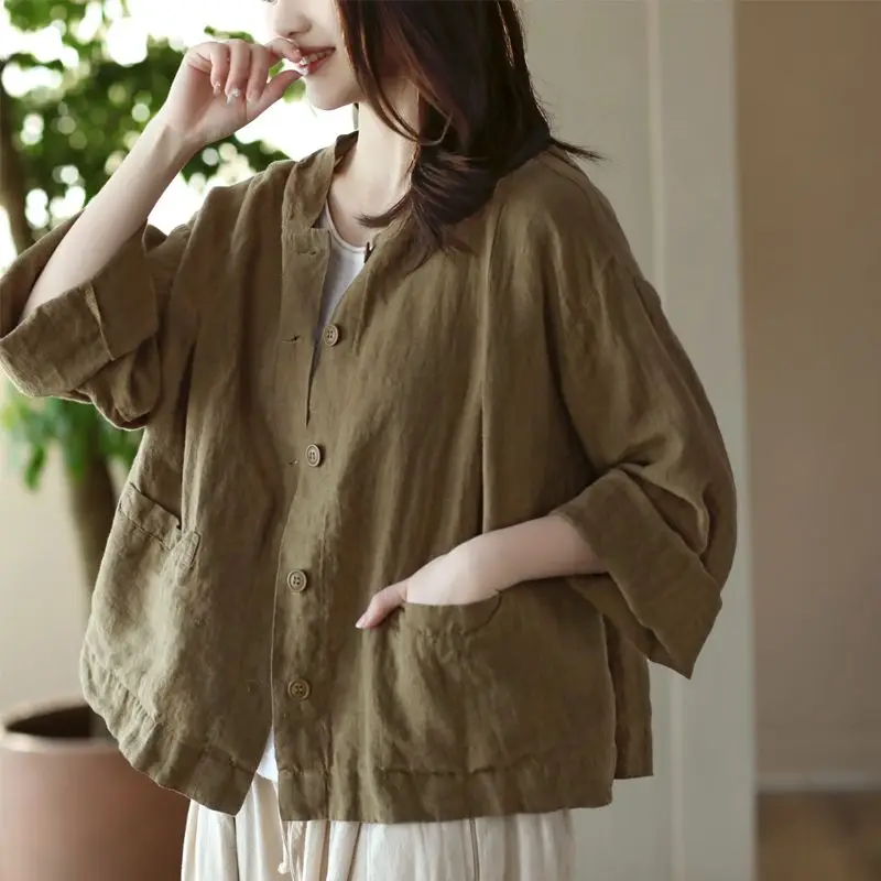 

2023 New Vintage Cotton Linen Coat Women Short Cardigan Solid Loose Spring Summer Thin Casual Hooded Long Sleeve Jackets