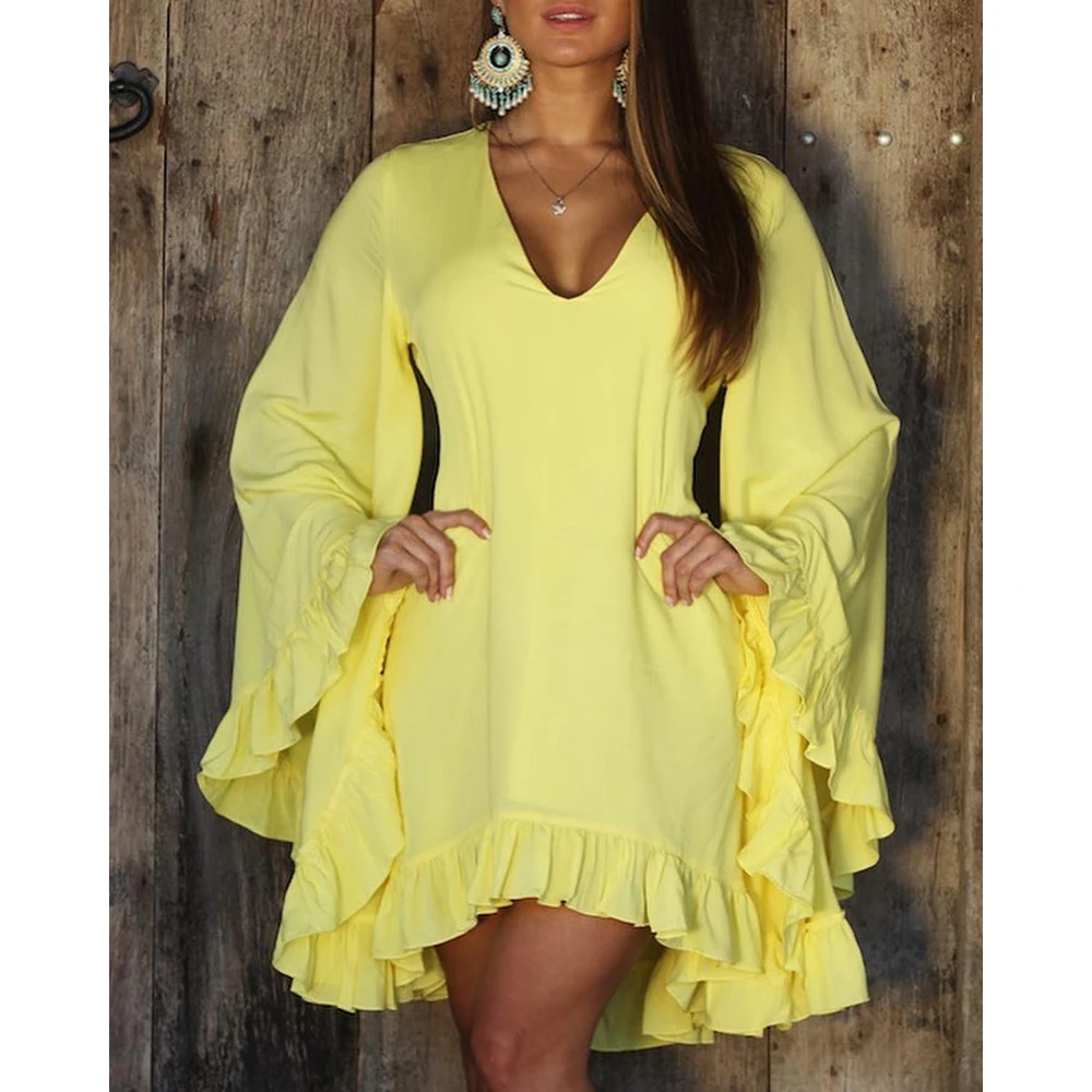 

Sexy Women V-Neck Mini Ruched Hem Sweet Dress Summer Casual Extra-Long Sleeve Yellow DressNew in Elegant Outfits