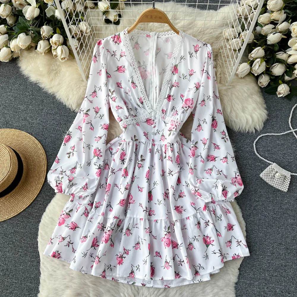 

Chic Floral Print Pleated Lace Elegant Dress Puff Sleeve A-line Casual Dresses Korean Fashion Beach Women Summer Spring Vestidos