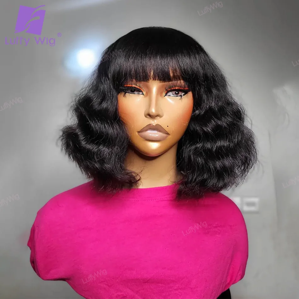 Deep Wave Wig With Fringe Bangs Full Machine Made Wig No Lace Front Human Hair Wigs Pre-Plucked For Women O Fake Scalp Top Luffy
