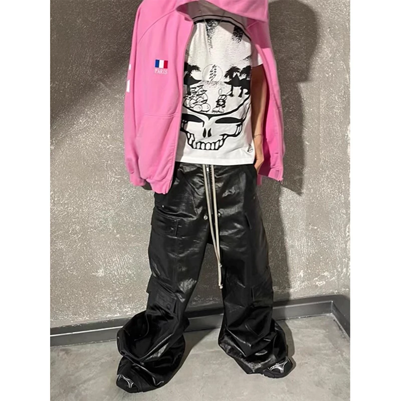 [BOMP] Свободный крой вощеные глянцевые рабочие брюки с несколькими карманами в