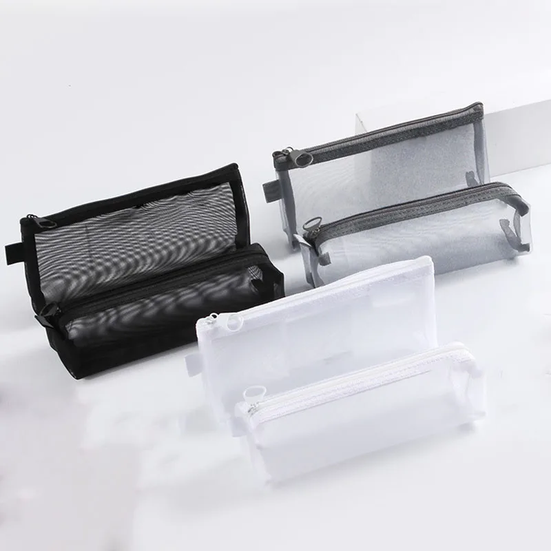 

1PC White Gray Black Large Capacity Mash Transparent Cosmetic Brush Bags Students Long Style Nylon Pencil Case Makeup Bags Case