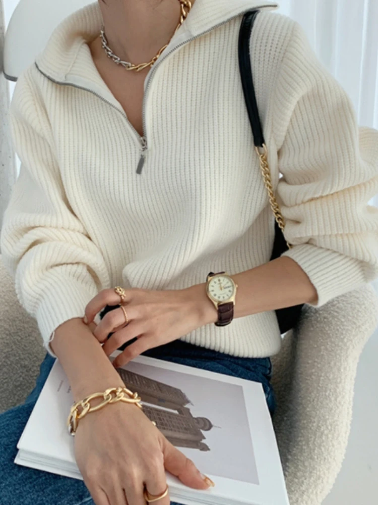 

Женский свитер, сезон осень-зима 2022, Топ с длинным рукавом, свободная вязаная водолазка, однотонный пуловер на молнии, Женский Свитер оверса...