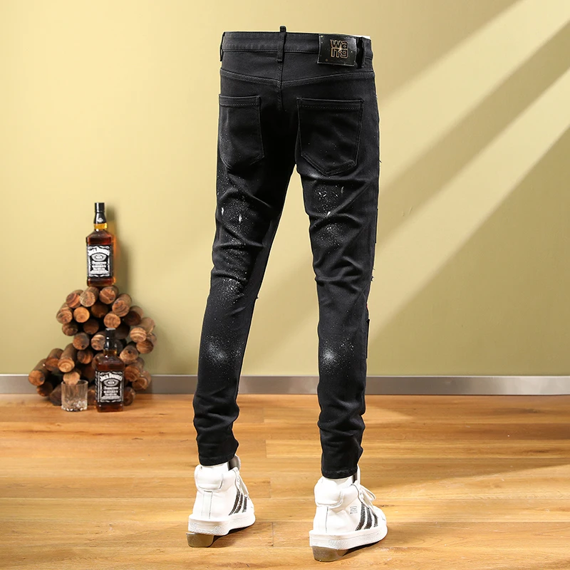 High Street Fashion Men Jeans Black Elastic Stretch Skinny Fit Painted Ripped Jeans Men Patched Designer Hip Hop Pants Hombre