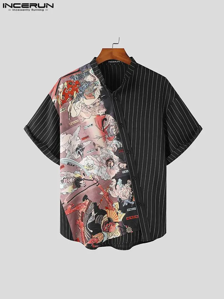 Fashion Well Fitting Tops INCERUN Men Slanted Placket Chinese-style Buttoned Striped Blouse Short-sleeved Stitching Shirts S-5XL