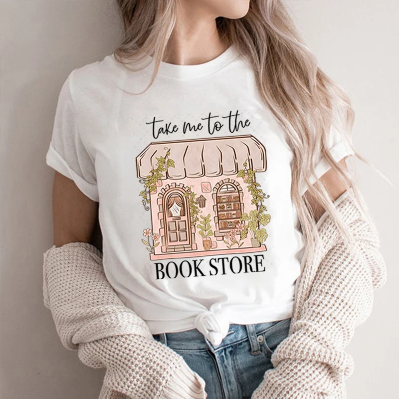 Фото Модные женские футболки для любителей книг Take Me To The Bookstore, футболки с графическим рисунком, цветочный книжный магазин, женская одежда, забавная рубашка для чтения №3