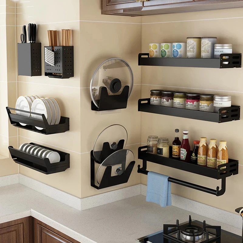 

Clean Kitchen Accessories Space Aluminum Perforation-free Wall Mounted Black Kitchen Supplies Storage Knife Holder Shelf Hanger